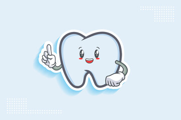SMILING, HAPPY, CHEERFUL Face Emotion. Forefinger Hand Gesture. Tooth Cartoon Drawing Mascot Illustration.