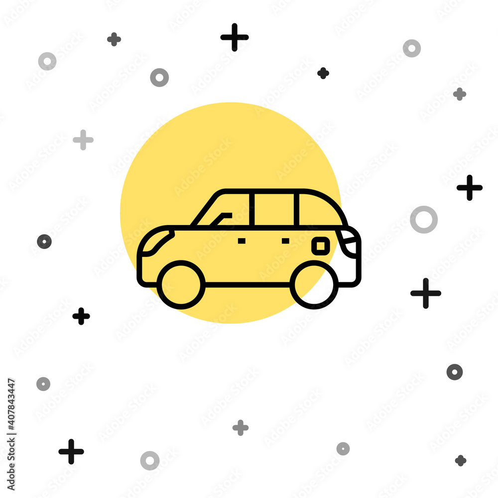 Poster black line hatchback car icon isolated on white background. random dynamic shapes. vector.