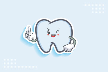 GRINNING WINK, HAPPY, CHEERFUL Face Emotion. Forefinger Hand Gesture. Tooth Cartoon Drawing Mascot Illustration.