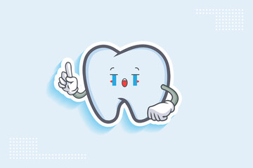 CRYING, SAD, SOB, CRY Face Emotion. Forefinger Hand Gesture. Tooth Cartoon Drawing Mascot Illustration.