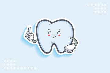 SMILING, HAPPY, RELIEVED, SMILE Face Emotion. Forefinger Hand Gesture. Tooth Cartoon Drawing Mascot Illustration.