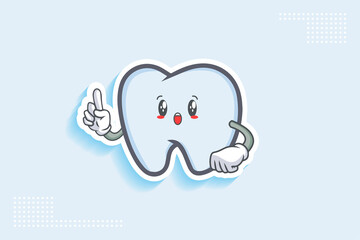 WOW, SURPRISED, AMAZED, DISMAY Face Emotion. Forefinger Hand Gesture. Tooth Cartoon Drawing Mascot Illustration.