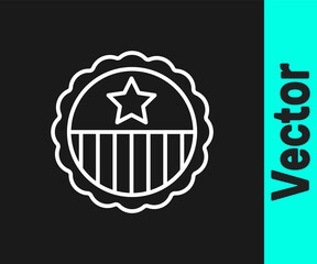 White line Medal with star icon isolated on black background. Winner achievement sign. Award medal. Vector.