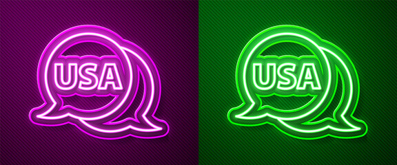 Glowing neon line USA label icon isolated on purple and green background. United States of America. Vector.