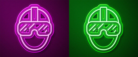 Glowing neon line Special forces soldier icon isolated on purple and green background. Army and police symbol of defense. Vector.