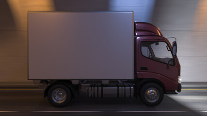 Side View of a Box Truck with a Maroon Cabin Moving Inside an Illuminated Tunnel 3D Rendering