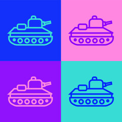 Pop art line Military tank icon isolated on color background. Vector.