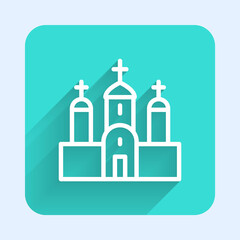 White line Church building icon isolated with long shadow. Christian Church. Religion of church. Green square button. Vector.
