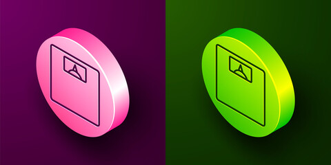 Isometric line Bathroom scales icon isolated on purple and green background. Weight measure Equipment. Weight Scale fitness sport concept. Circle button. Vector.