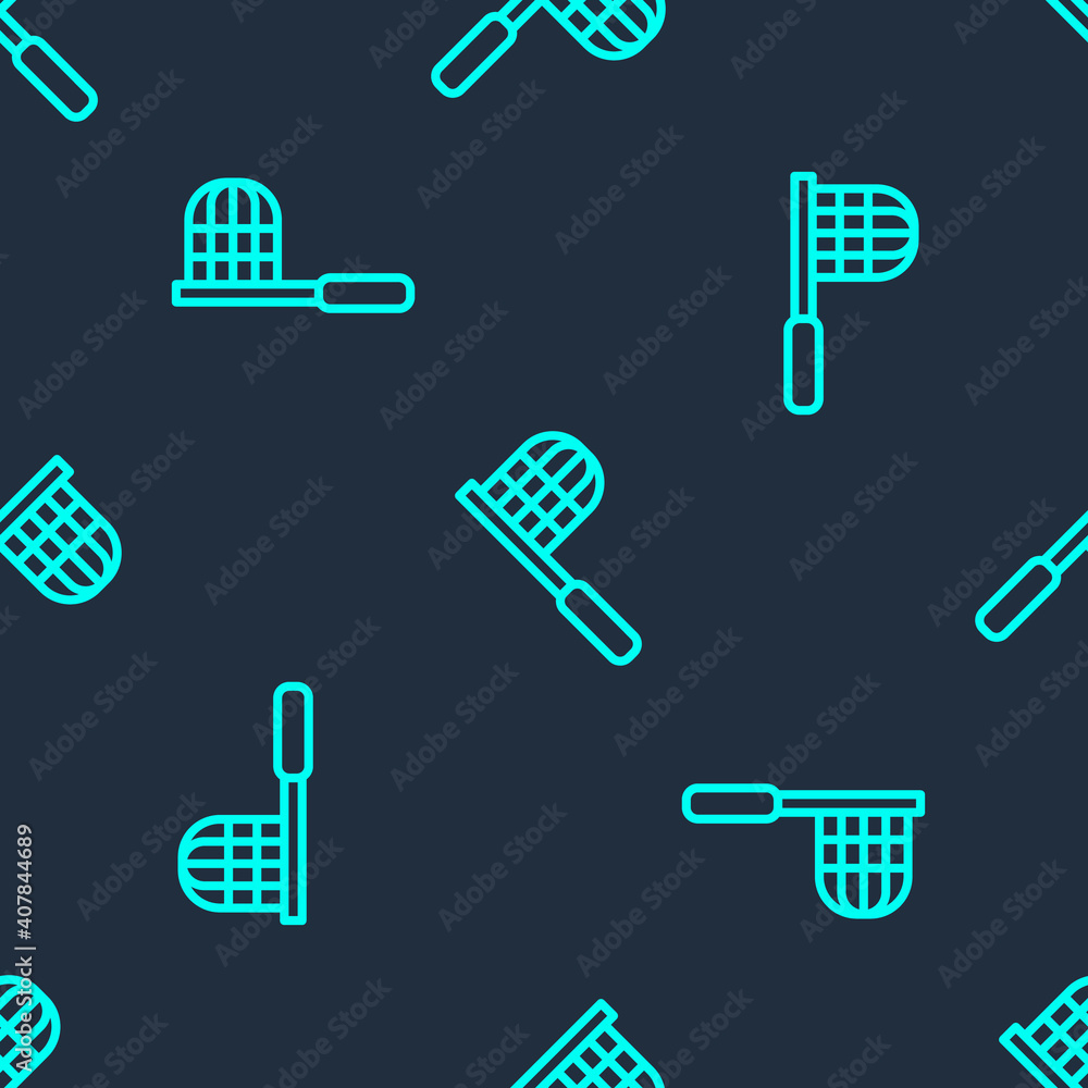 Poster green line butterfly net icon isolated seamless pattern on blue background. vector.