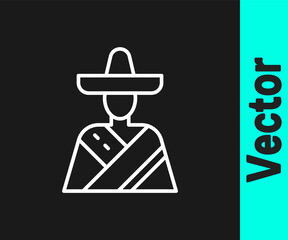 White line Mexican man wearing sombrero icon isolated on black background. Hispanic man with a mustache. Vector.