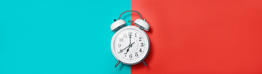 Banner white clock alarm in vintage style on red green background with place for text