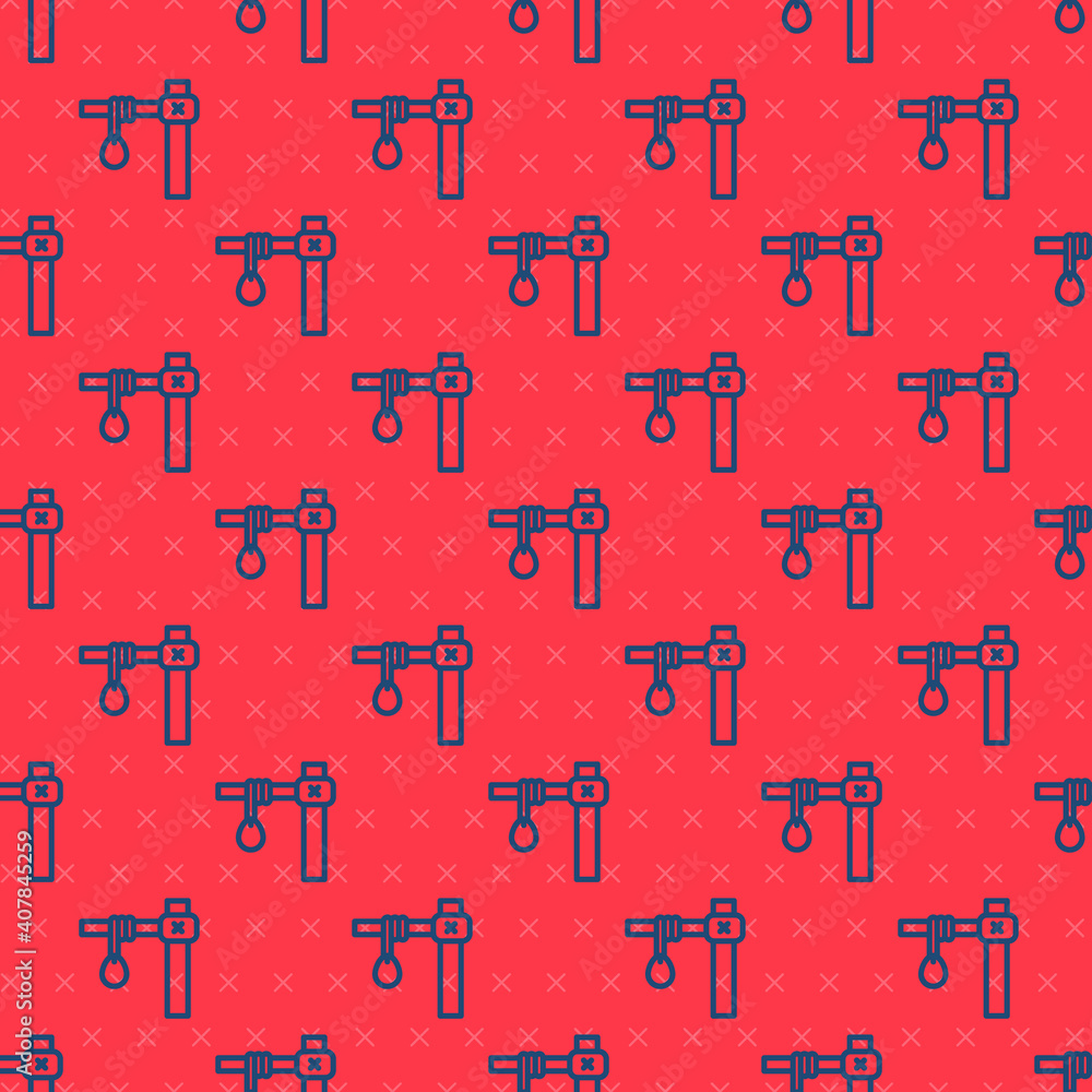 Poster blue line gallows rope loop hanging icon isolated seamless pattern on red background. rope tied into