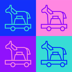 Pop art line Trojan horse icon isolated on color background. Vector.