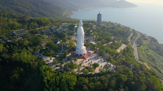 Aerial shot of the so-called Lady Buddha in the city of Danang. Tourist destination in central Vietnam. Travel to Vietnam concept