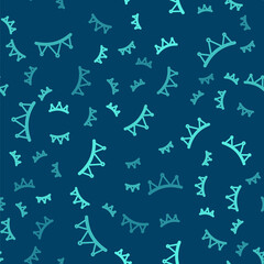 Green line Carnival garland with flags icon isolated seamless pattern on blue background. Party pennants for birthday celebration, festival decoration. Vector.