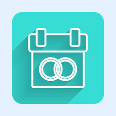 White line Calendar icon isolated with long shadow. Event reminder symbol. Green square button. Vector.