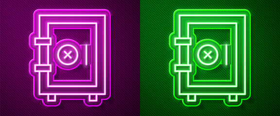 Glowing neon line Safe icon isolated on purple and green background. The door safe a bank vault with a combination lock. Reliable Data Protection. Vector.