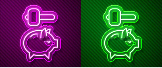 Glowing neon line Piggy bank and hammer icon isolated on purple and green background. Icon saving or accumulation of money, investment. Vector.