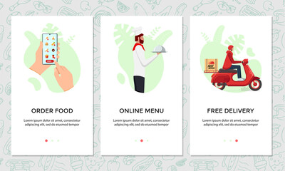Order food online mobile app banner set. Chooses dish on smartphone screen template. Chef cooked food and express free scooter delivery from restaurant service concept. Product shipping illustration