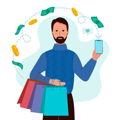 Cute man in winter clothes hold smartphones and do shopping. The money from the purchases is returned to his card. Vector concept of cashback.