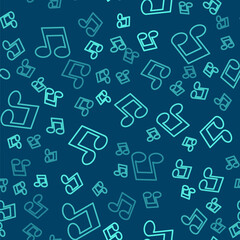 Fototapeta na wymiar Green line Music note, tone icon isolated seamless pattern on blue background. Vector.