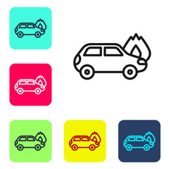 Obraz premium Black line Burning car icon isolated on white background. Car on fire. Broken auto covered with fire and smoke. Set icons in color square buttons. Vector.