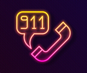 Glowing neon line Telephone with emergency call 911 icon isolated on black background. Police, ambulance, fire department, call, phone. Vector.