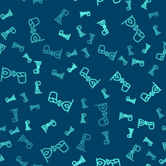 Green line Water bucket extinguishing a fire icon isolated seamless pattern on blue background. Vector.