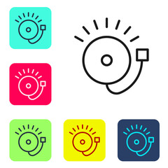 Black line Ringing alarm bell icon isolated on white background. Fire alarm system. Service bell, handbell sign, notification symbol. Set icons in color square buttons. Vector.
