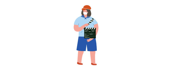 A short haired girl with a movie slate or a clapperboard on a white background