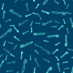 Green line Toothbrush icon isolated seamless pattern on blue background. Vector.