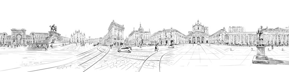 Naklejka premium Milan. Italy. Piazza del Duomo. Victor Emanuel II Gallery. Milan Cathedral. City panorama. Collage of landmarks. Hand drawn sketch. Vector illustration