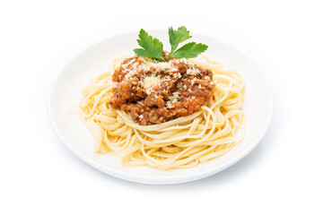 Plate of spaghetti bolognese in tomato sauce  on a white background