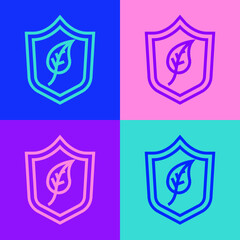 Pop art line Shield with leaf icon isolated on color background. Eco-friendly security shield with leaf. Vector.