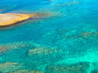 Sea Green turquoise blue surface. Coral reef in the blue sea. Beautiful azure watercolor. Ocean water. Coastal waters background. Nautical fresh blue beauty. Aquamarine Mediterranean sea.