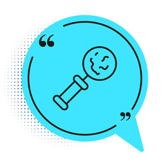 Black line Microorganisms under magnifier icon isolated on white background. Bacteria and germs, cell cancer, microbe, virus, fungi. Blue speech bubble symbol. Vector.