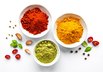 Various spices isolated on white background, top view