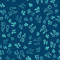 Green line Hotel door lock key icon isolated seamless pattern on blue background. Vector.