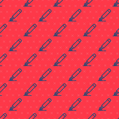 Blue line Fountain pen nib icon isolated seamless pattern on red background. Pen tool sign. Vector.