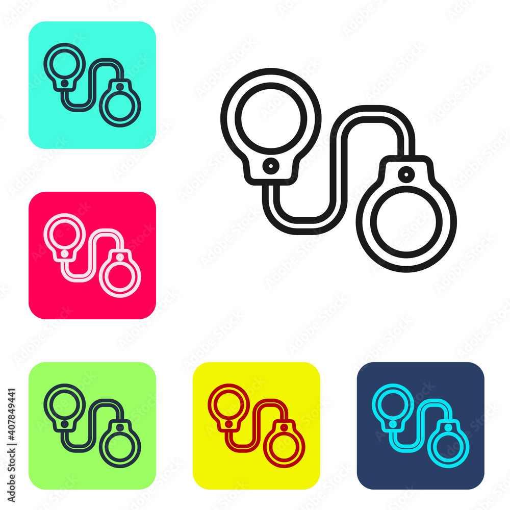 Poster black line handcuffs icon isolated on white background. set icons in color square buttons. vector.