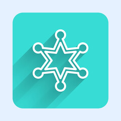 White line Hexagram sheriff icon isolated with long shadow. Police badge icon. Green square button. Vector.