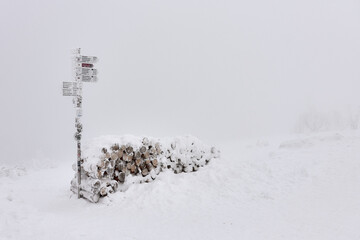 Winter scene with signpost and woodpile after heavy snowfall on Hornisgrinde mountain in Seebach,...
