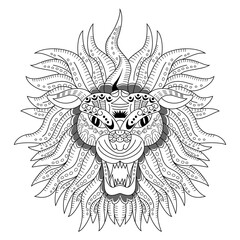 Hand drawn of lion head in zentangle style