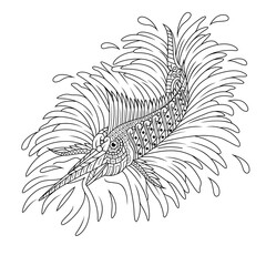 Hand drawn of marlin fish in zentangle style