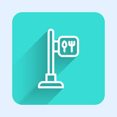 White line Cafe and restaurant location icon isolated with long shadow. Fork and spoon eatery sign inside pinpoint. Green square button. Vector..