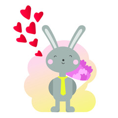 Vector illustration with a cute enamored rabbit with a heart. Cheerful kind gentle childish print, poster, design for textiles. Cartoon bunny with a bouquet. Declaration of love. Gradient. Isolated.