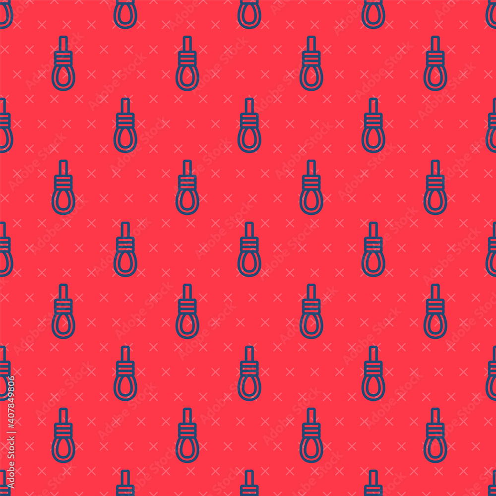 Poster blue line gallows rope loop hanging icon isolated seamless pattern on red background. rope tied into