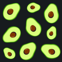 Vector avocado icon isolated on black background. Simple modern flat illustration. Many avocado Hass with seed. Different green colors.