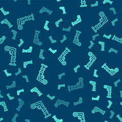 Green line Vintage pistols icon isolated seamless pattern on blue background. Ancient weapon. Vector.